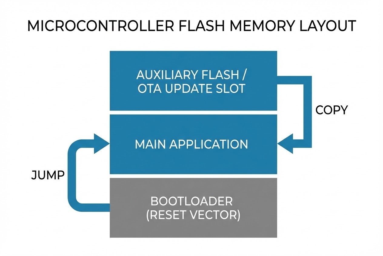 แผนภาพการแบ่งส่วนหน่วยความจำสำหรับ Bootloader และ OTA