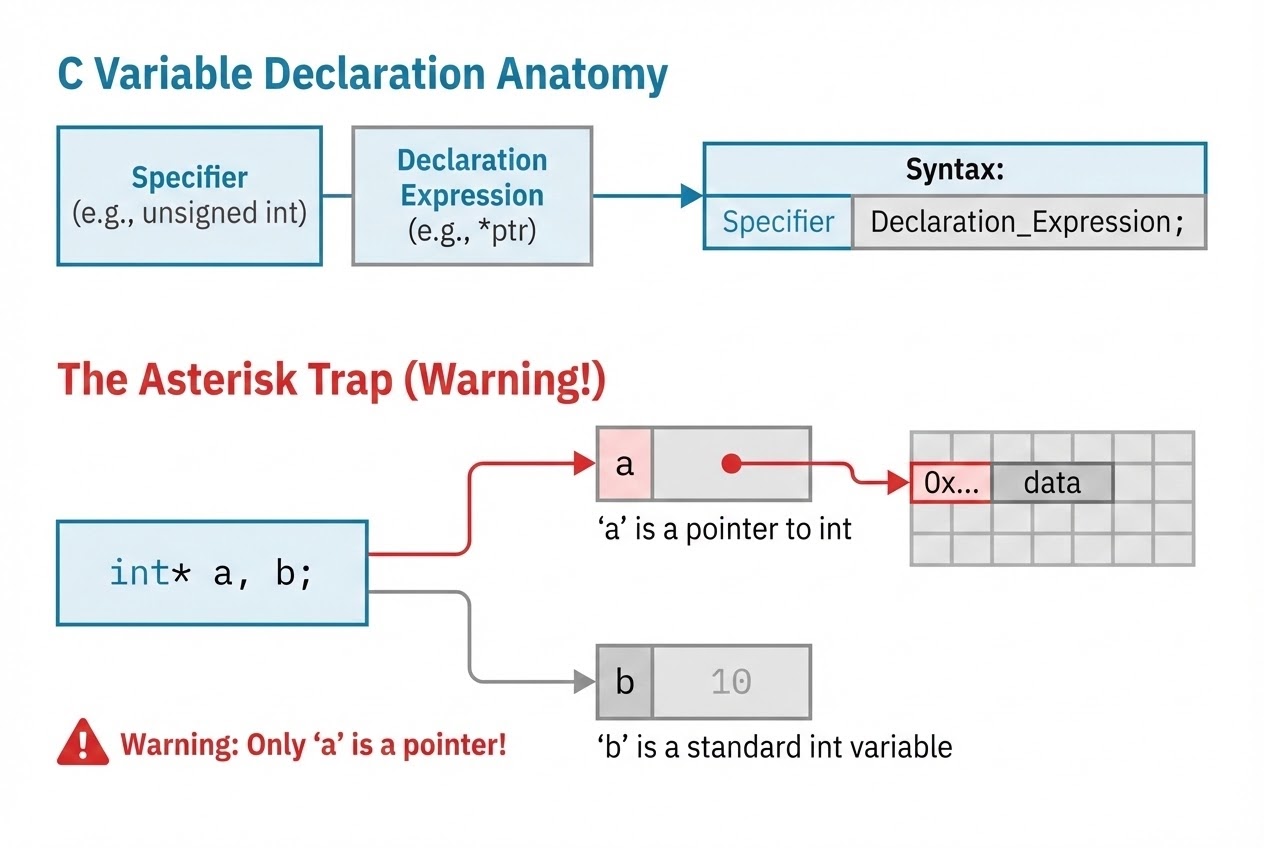 แผนภาพอธิบายโครงสร้างการประกาศตัวแปรและข้อควรระวังเรื่อง Pointer