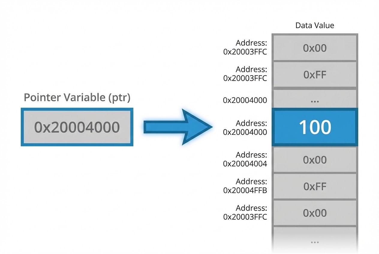 แผนภาพอธิบายการทำงานของ Pointer และ Memory Address