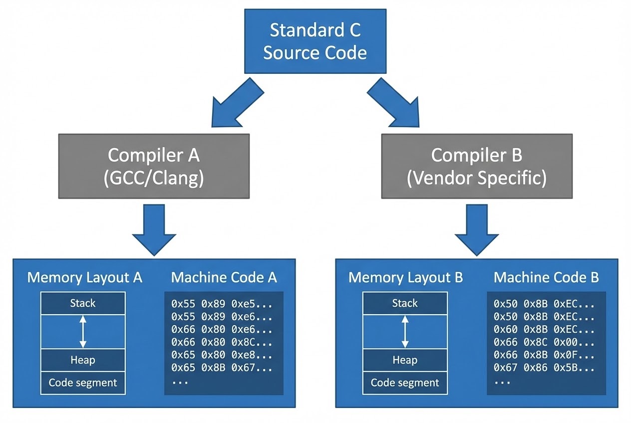 แผนภาพแสดงการตีความโค้ด C ที่แตกต่างกันของ Compiler แต่ละค่าย