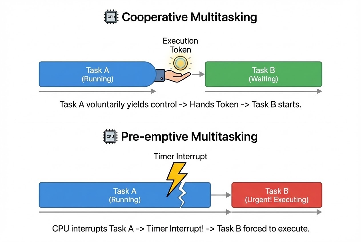 Cooperative vs Pre-emptive Multitasking Architecture