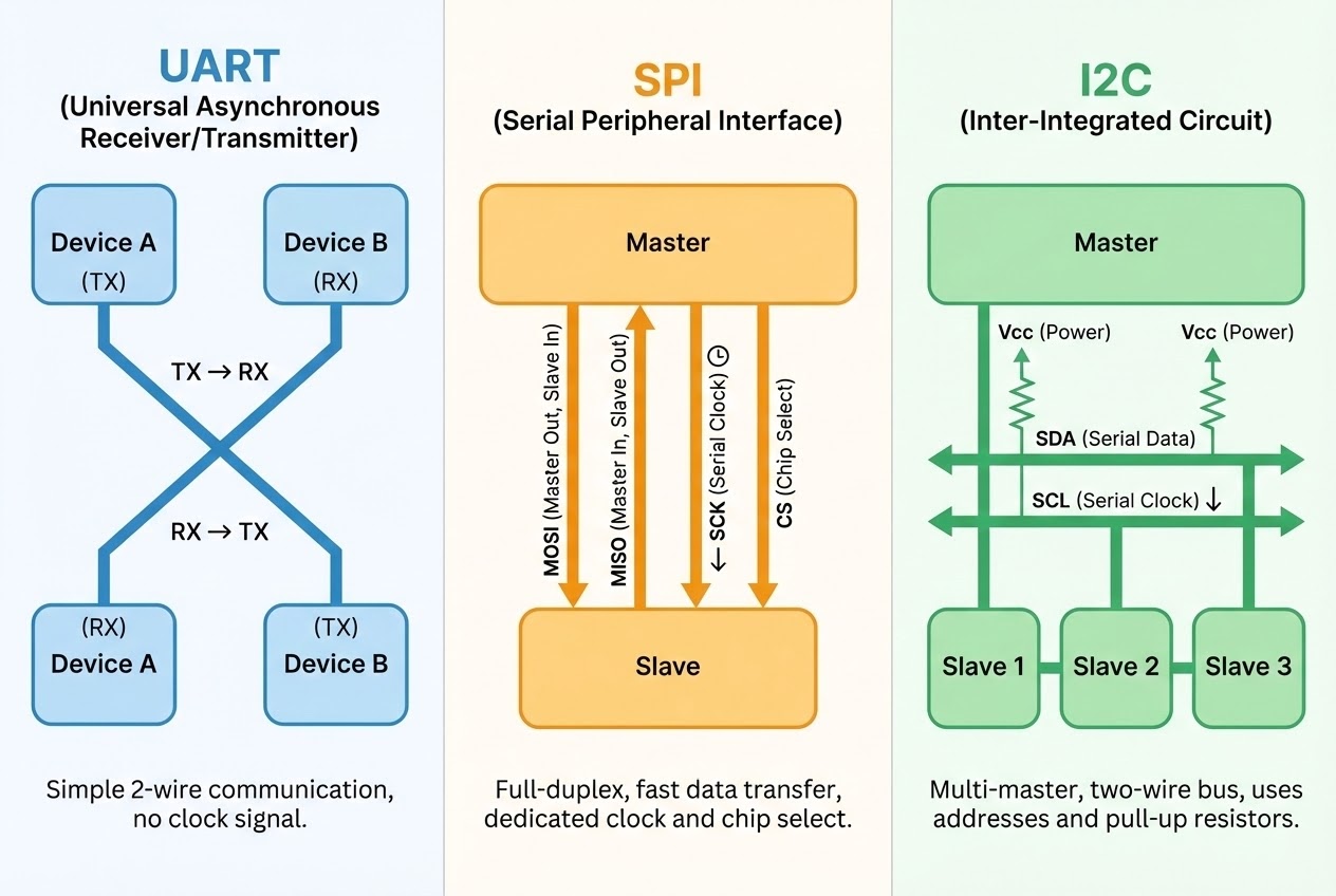 Serial Buses (SPI, I2C, UART) Concept Diagram