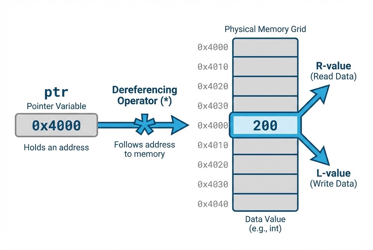Diagram showing how Dereferencing works as L-value and R-value