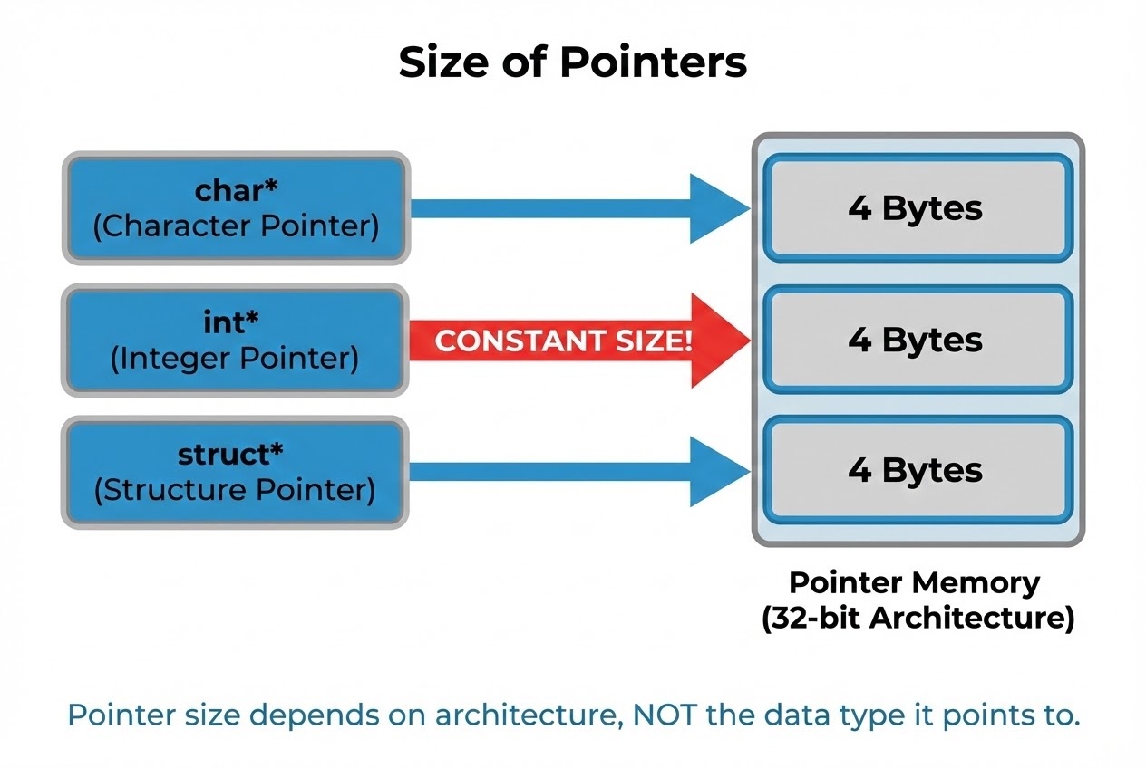Diagram showing identical pointer sizes regardless of data type